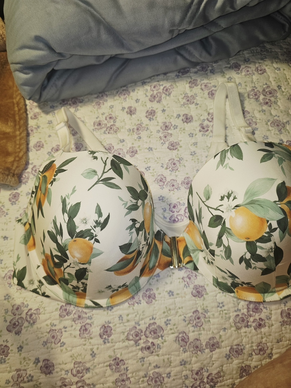 White Citrus Print Molded T-Shirt Bra with Orange Floral Design